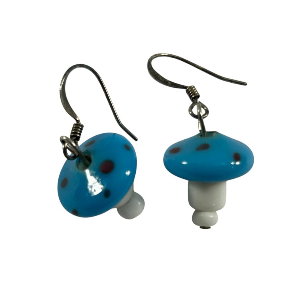 Whimsical Mushroom Toadstool Blue White Earrings Dangle Fairycore Fantasy